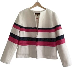 Talbots Tweed Boucle Jacket White Pink Stripe Fringe Cotton Casual Office Size L